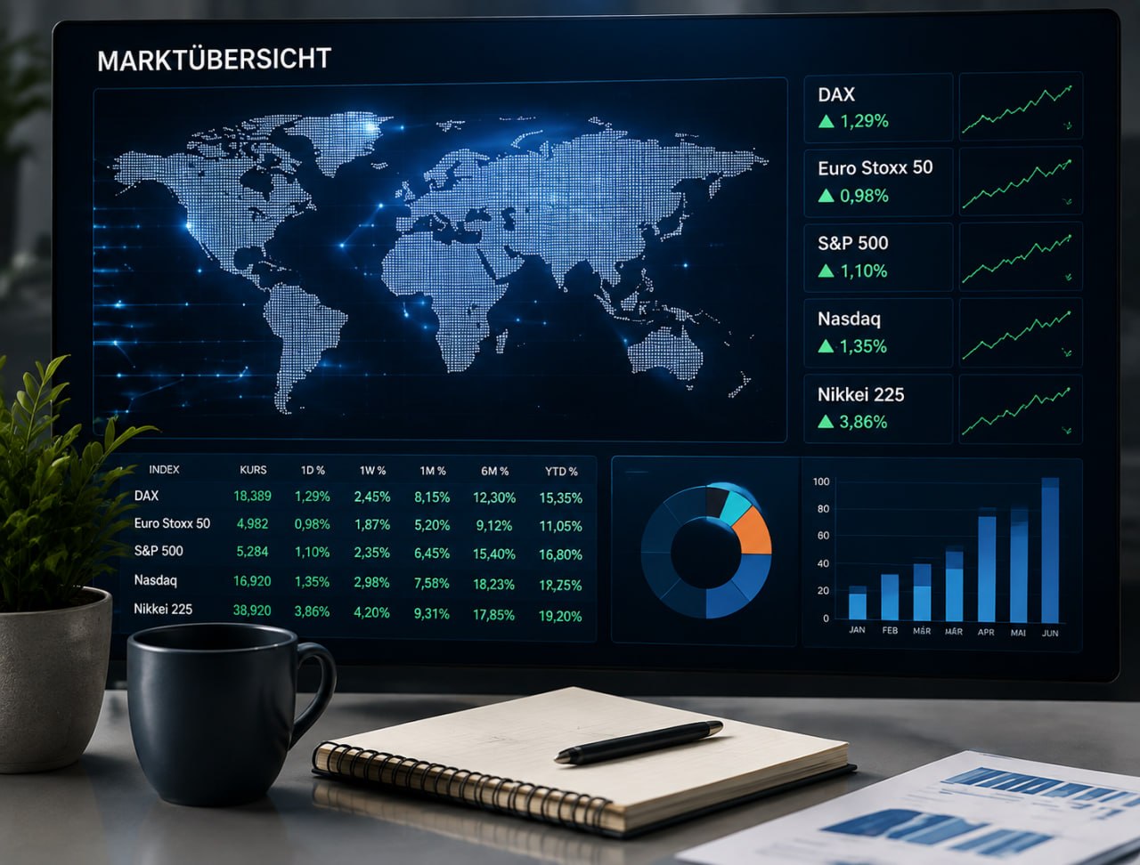 Digitale Marktübersicht mit internationalen Indizes